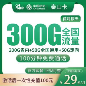 移动泰山卡29元300G+100分钟【只发山东11市】