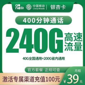 移动银杏卡39元240G+400分钟【只发河南】