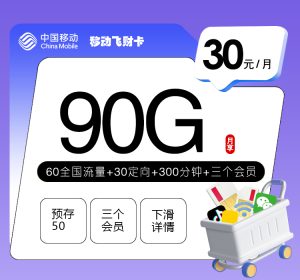 移动飞财卡【30元90G+300分钟+3个会员】