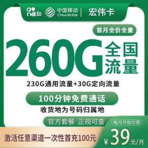 移动宏伟卡39元260G+100分钟【只发东莞】