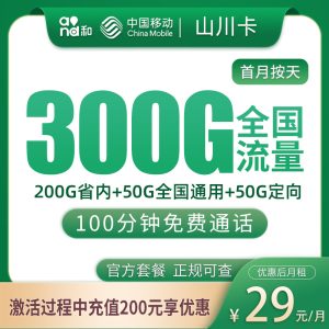 移动山川卡29元300G+100分钟【只发山东济南/聊城】