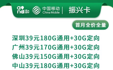 移动振兴卡39元175～210G+100分钟【只发广东4市】