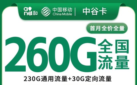 移动中谷卡39元260G+100分钟【只发中山】