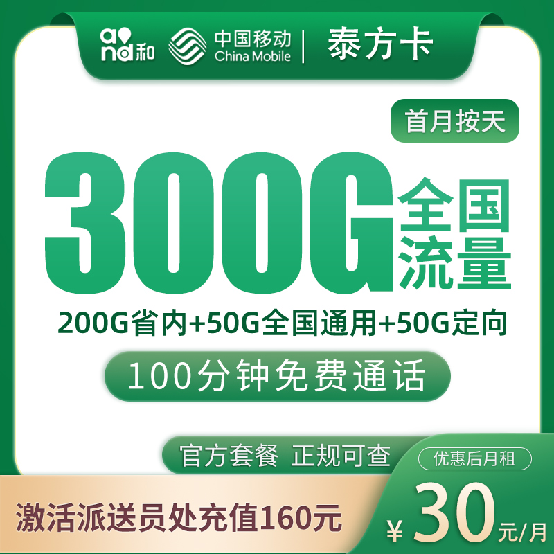 G1移动泰方卡30元300G+100分钟【只发山东】