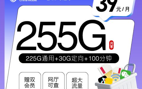 移动飞钻卡【39元255G+100分钟+双会员】【仅发广东】