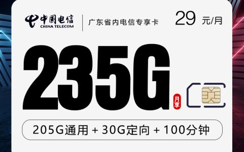 广东省内电信专享卡【首年29元235G+100分钟】
