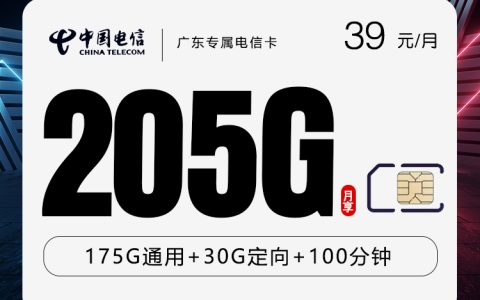 广东专属电信卡【39元205G+100分钟】