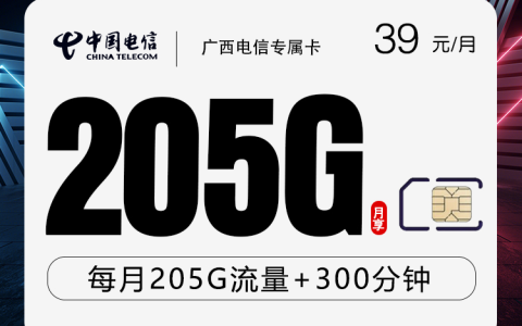 广西电信专属卡3.0【39元205G+300分钟】