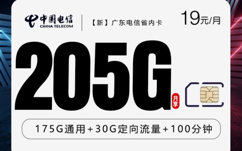 【新】广东电信省内卡 【19元205G+100分钟】