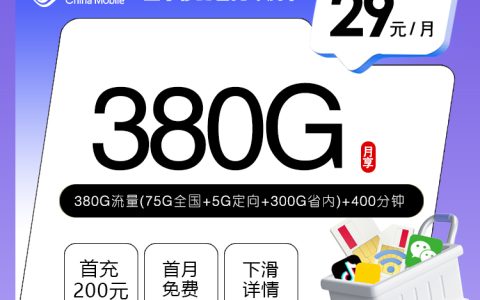 山东移动省内专属卡【29元380G流量+400分钟】
