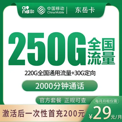 N2移动东岳卡29元250G+2000分钟【发全国】