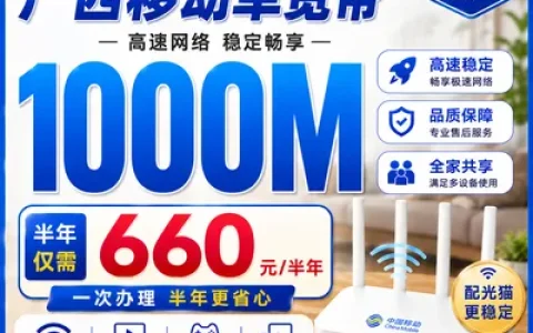 广西移动单宽660元半年1000M