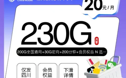 四川省内移动专享卡【20元230G+200分钟+会员】