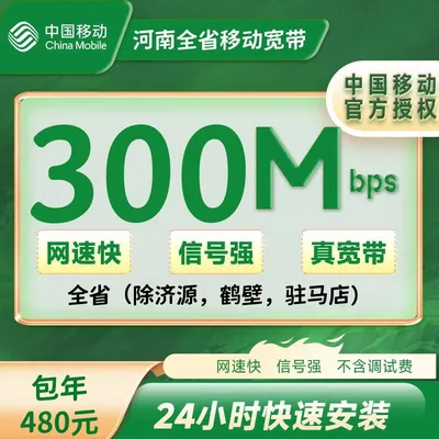 河南全省移动单宽带300M包年480元+100安装费（除济源，鹤壁，驻马店）