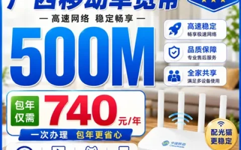 广西移动单宽740元包年500M