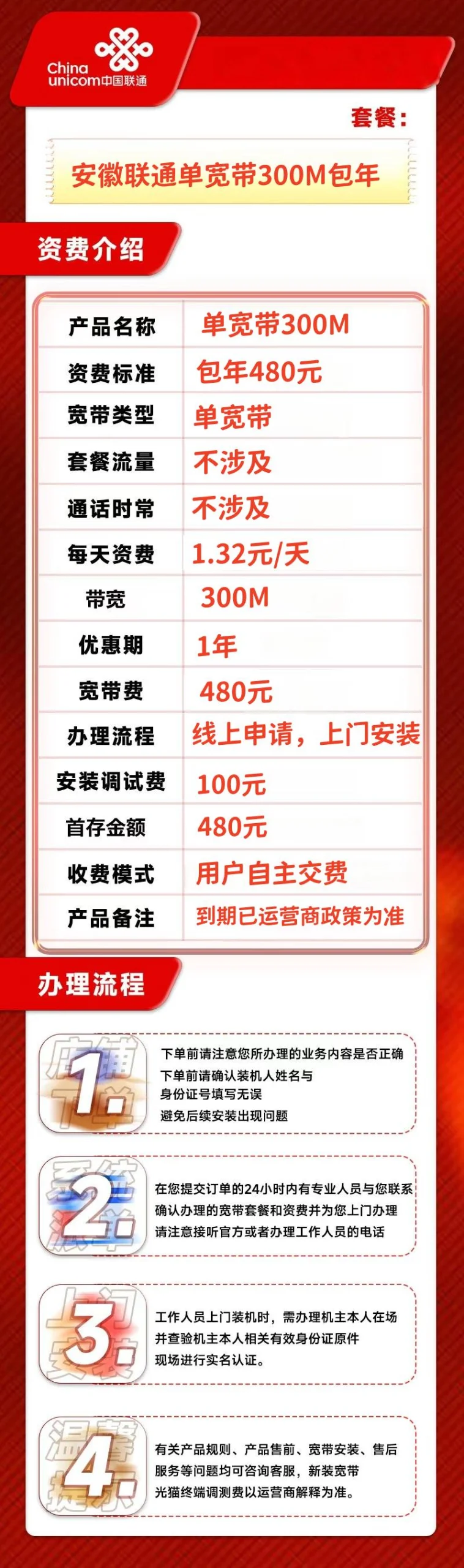 安徽联通300M一年480元+100安装费详情