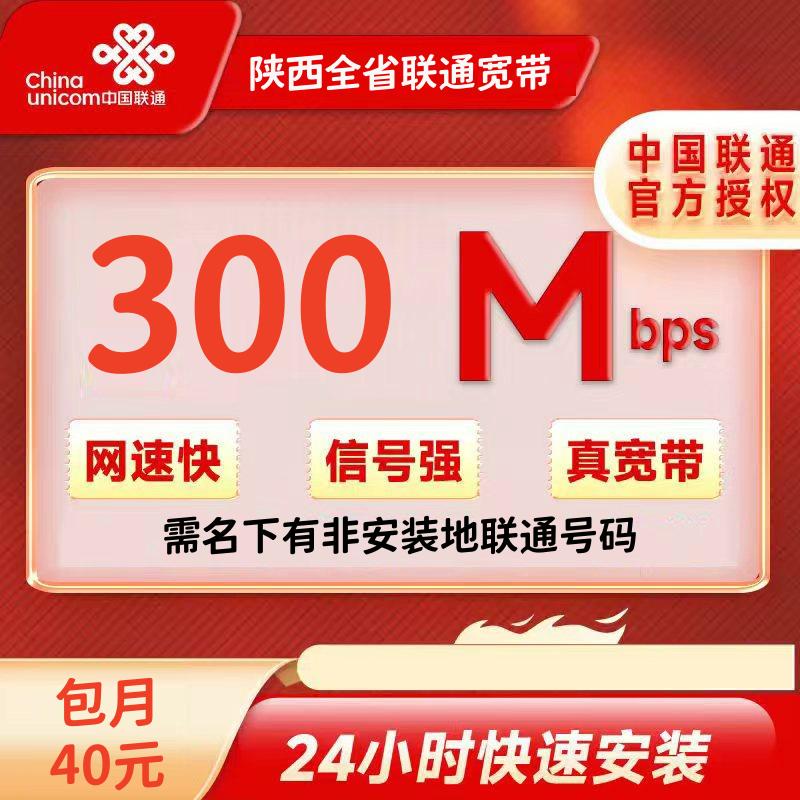 陕西跨域联通300M/40元/月+100安装费(必须联通非装机地的联通老号可办)