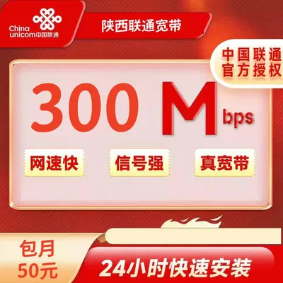 陕西联通300M/50元/月+100安装费